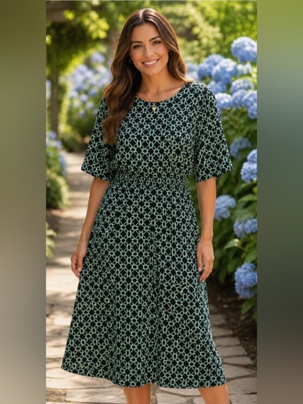 London Times Navy Geometric Fit-and-Flare Dress 10